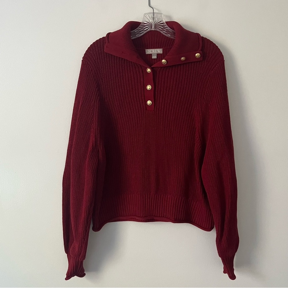 J Crew Ribbed Cotton Button Collar Sweater Chunky Knit Holiday Christmas Red L